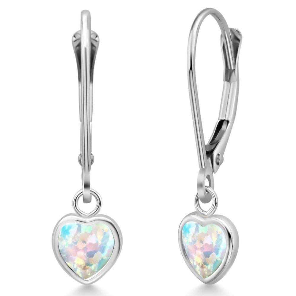 925 Sterling Silver 1.50 Cttw White Opal Heart Leverback Drop Earrings